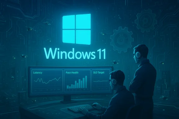 Two technicians wearing headsets monitor Windows 11 dashboards on a glowing blue circuit-board backdrop.