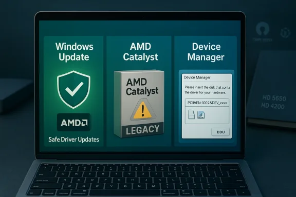 Laptop screen shows Windows Update, AMD Catalyst, and Device Manager tiles.