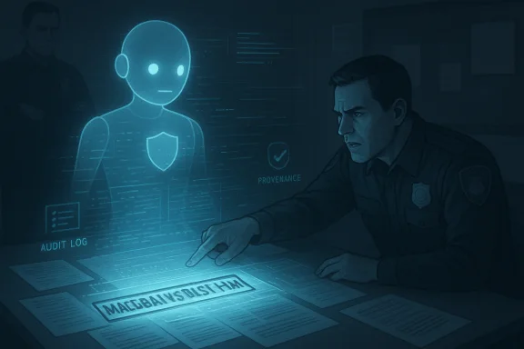 A police officer studies a blue holographic avatar with audit logs and provenance data.