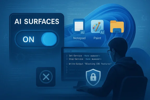 A person sits at a computer with AI UI icons (Notepad, Paint) and an 'AI Surfaces ON' switch.