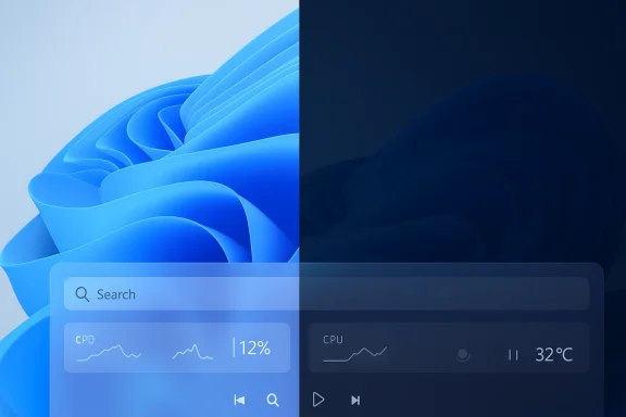 A split-screen UI showing light mode on the left and dark mode on the right with translucent system widgets.