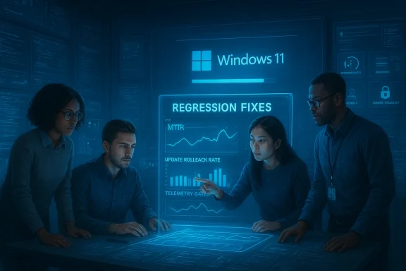 Diverse team analyzes Windows 11 regression fixes on a glowing holographic dashboard.