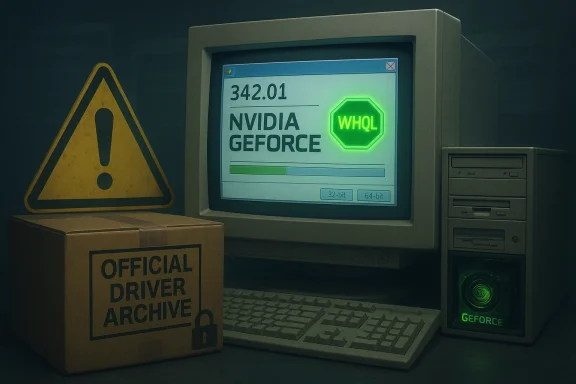 Retro PC with a CRT monitor showing Nvidia GeForce WHQL, a green glow, and an Official Driver Archive box.