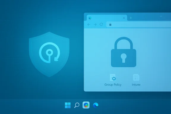 Blue cybersecurity illustration with a shield and padlock over a secure browser.