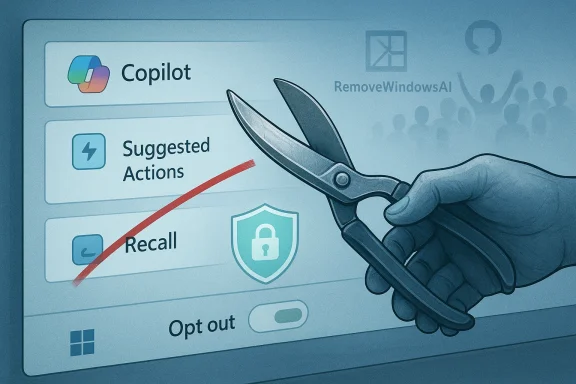 A hand with scissors cuts through a UI menu, signaling removal of Windows AI features like Copilot.