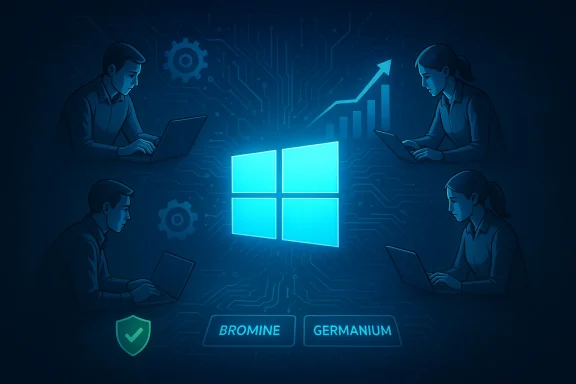Four people on laptops surround a glowing Windows logo on a circuit background, debating bromine or germanium.