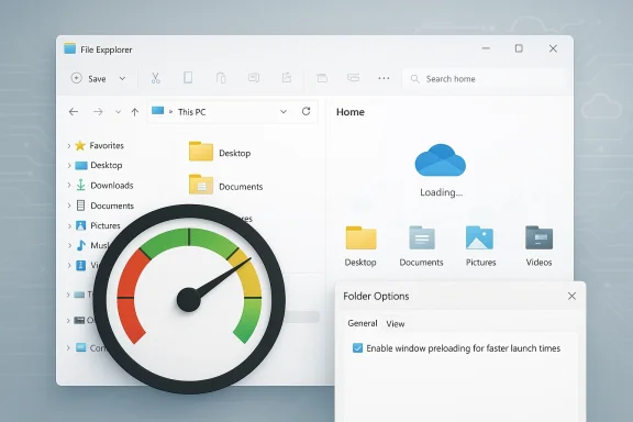 Windows File Explorer window overlaid with a large colorful speedometer dial.