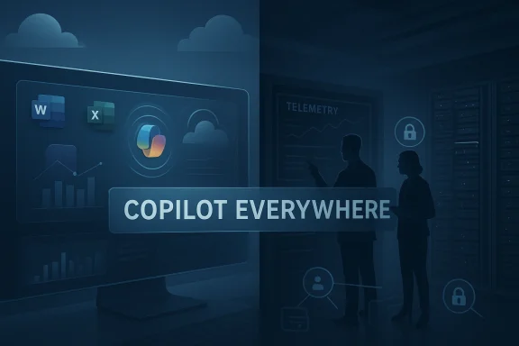 Split-screen illustration showing analytics visuals on the left and a data center on the right, titled Copilot Everywhere.