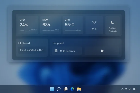 Futuristic desktop dashboard showing CPU, RAM, GPU temps, Wi‑Fi, Do Not Disturb, and clipboard/snippet widgets.
