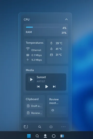A sleek, blue live dashboard on a smartphone showing CPU/RAM, temps, media player, and tasks.