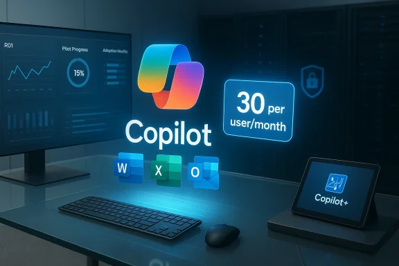 Futuristic desk setup with holographic Copilot branding and a 30 per user/month price.