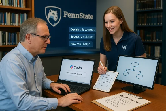 Penn State staff and student collaborate in a library, reviewing Copilot on laptops and a tablet.