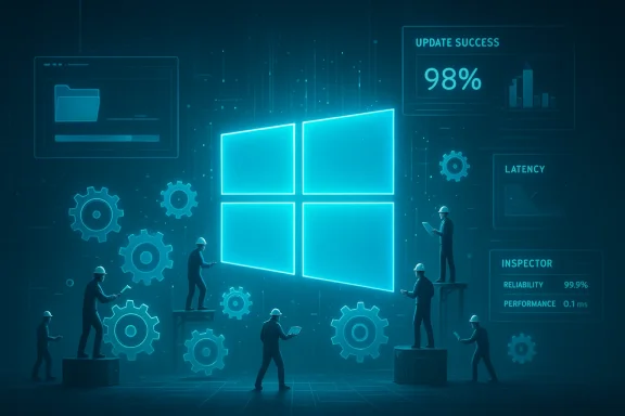 Tech workers assemble the glowing Windows logo amid gears and dashboards.