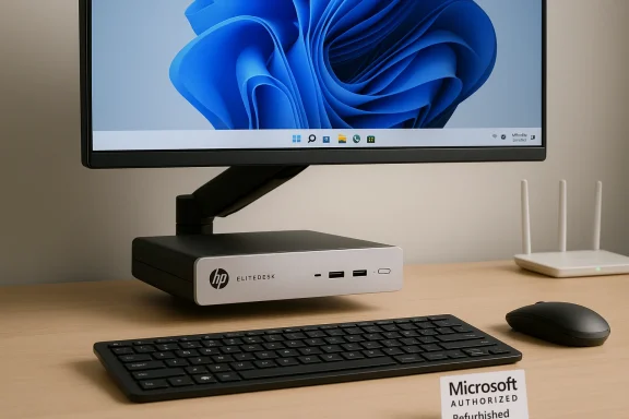 HP EliteDesk mini PC with monitor, keyboard and mouse on a wooden desk.
