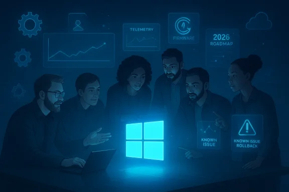A diverse team collaborates around a glowing Windows logo amid futuristic dashboards.