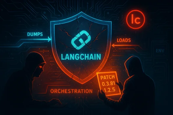 Two hooded figures guard a cracked, glowing LangChain shield amid neon circuitry.
