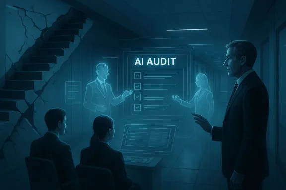 Blue-tinted holographic AI audit briefing with presenters and seated attendees.