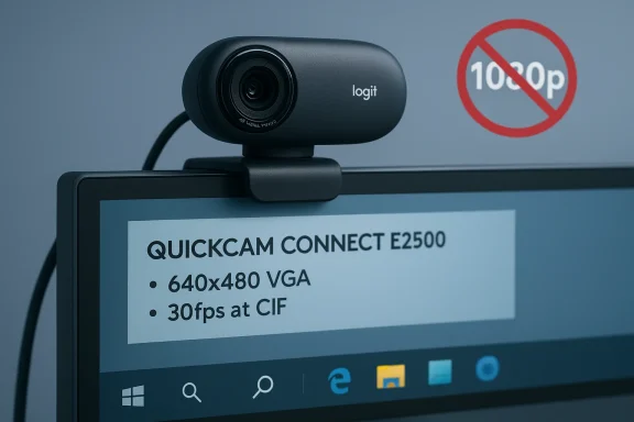 A webcam mounted on a monitor showing QuickCam Connect E2500 specs: 640x480 VGA and 30fps.