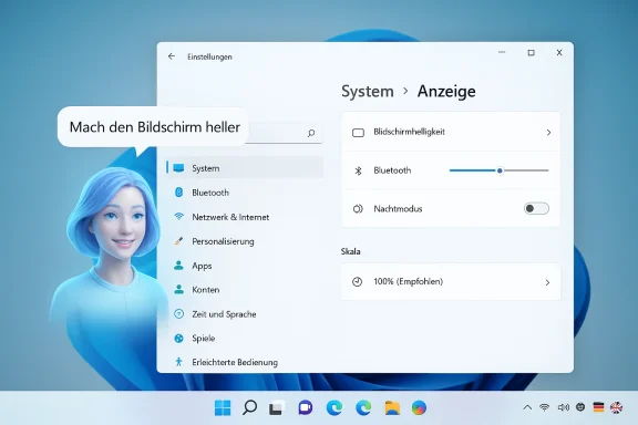 Windows 11 Anzeigeeinstellungen mit Helligkeitsregler und einer Sprechblase 'Mach den Bildschirm heller'.