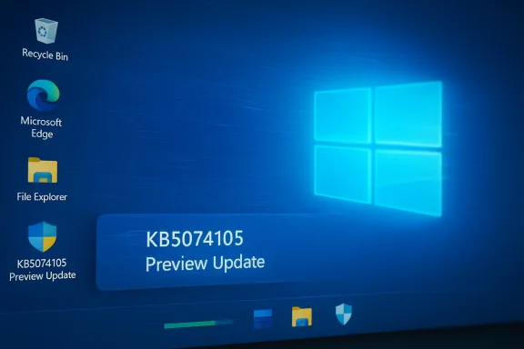 Windows 10 desktop with a KB5074105 Preview Update shortcut and icons.