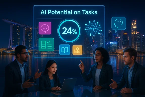 Diverse team discusses AI's potential on tasks in front of a neon holographic display.