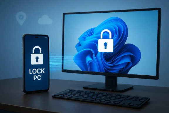 A smartphone and monitor display padlocks, signaling PC and device locking.