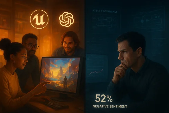 A diverse team collaborates on a fantasy scene at a monitor, while sentiment data charts loom in the background.
