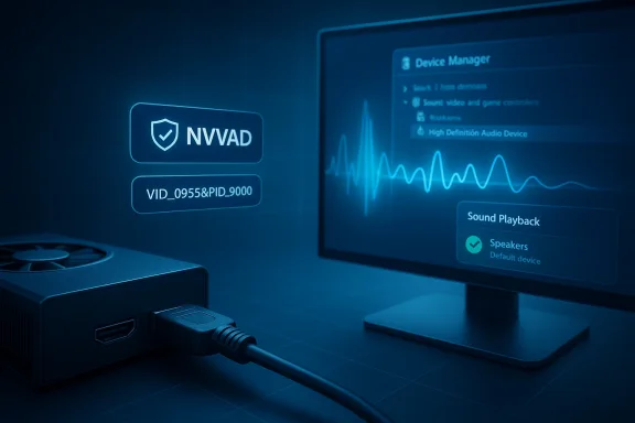 Futuristic holographic UI displays an NVVAD shield badge and a device ID beside a computer monitor. Futuristic holographic UI displays an NVVAD shield badge and a device ID beside a computer monitor.