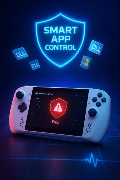 Neon shield reads SMART APP CONTROL above a handheld gaming device showing an error screen.