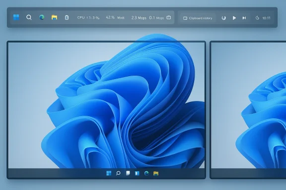 Two monitors display a blue abstract swirl wallpaper with a floating system bar above.