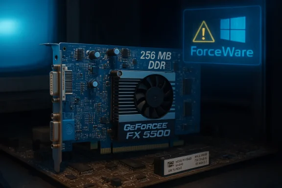 An old GeForce FX 5500 graphics card (256 MB DDR) sits on a motherboard beneath ForceWare lighting.