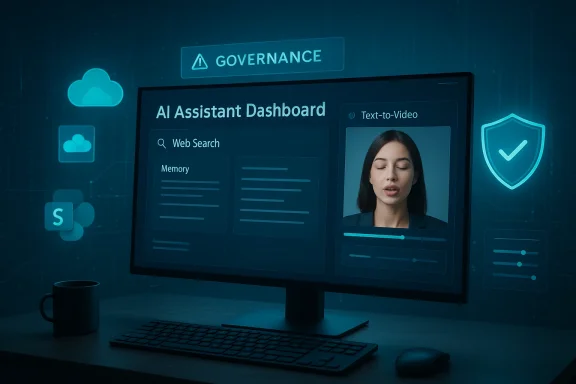 AI Assistant Dashboard on a screen showing Web Search, Memory, and a Text-to-Video panel.