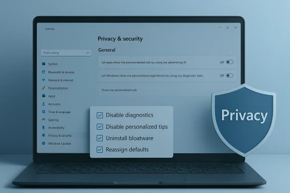 Laptop screen shows Windows privacy settings with a large 'Privacy' shield.
