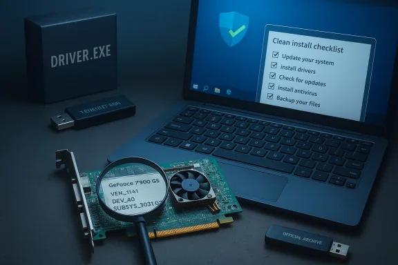 GPU card with a magnifying glass beside a laptop showing a clean install checklist.