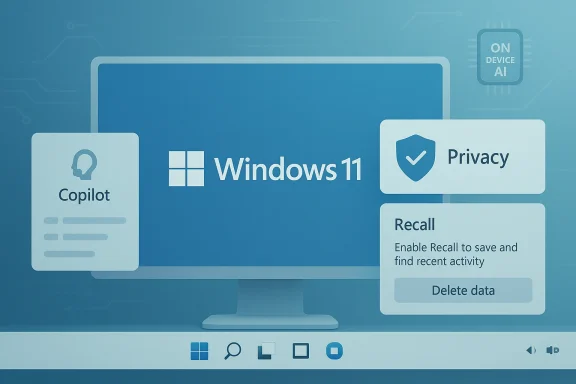 Windows 11 desktop featuring Copilot, Privacy, and Recall options on a blue UI.