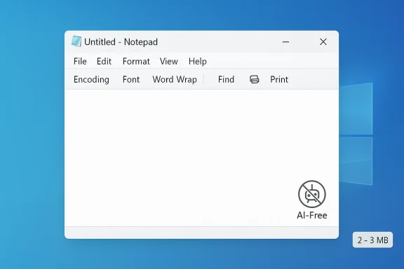 Windows Notepad on a blue desktop with an Untitled document and an AI-Free badge.