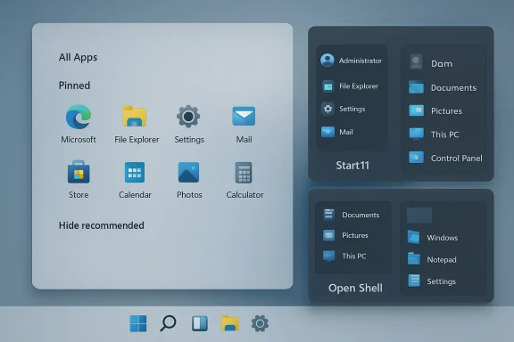 Desktop UI with All Apps grid and right-side Start11/Open Shell panels.