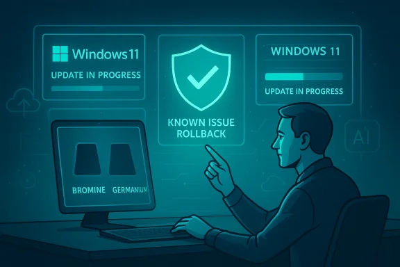 A worker monitors Windows 11 updates and a known-issue rollback on a digital dashboard.