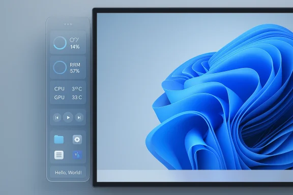 A curved monitor displays a blue abstract wallpaper, with a translucent side panel showing system stats.