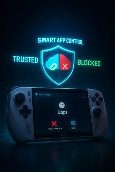 Neon shield logo labeled “Smart App Control” sits between “Trusted” and “Blocked” above a handheld gaming console showing “Oops.”
