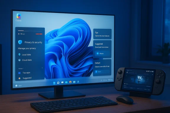 Desk setup with a large monitor displaying Windows UI, a keyboard, mouse, and a handheld game console. Desk setup with a large monitor displaying Windows UI, a keyboard, mouse, and a handheld game console.