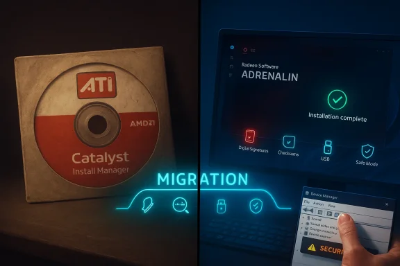 Split view: ATI/AMD Catalyst disk on the left; Adrenalin installer on the right under neon “Migration.”