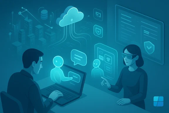 A team collaborates in a cloud-based, AR-enabled workspace with holographic interfaces.