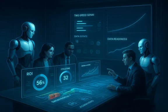 Futuristic meeting with humans and robots reviewing holographic data dashboards.