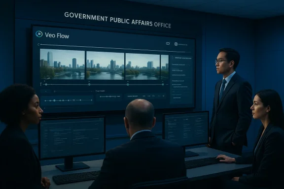 A government public affairs team reviews a cityscape video dashboard in a high-tech briefing room. A government public affairs team reviews a cityscape video dashboard in a high-tech briefing room.