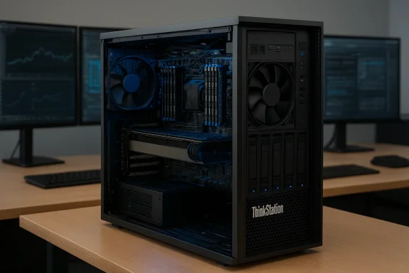 ThinkStation workstation with side panel removed, revealing blue-lit internal components.