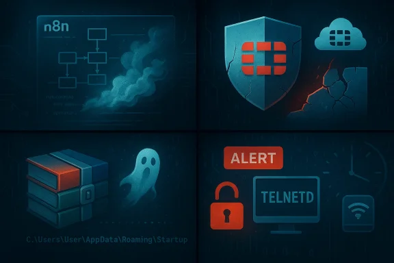 A dark cybersecurity collage featuring shield, cloud, alert, and malware icons.
