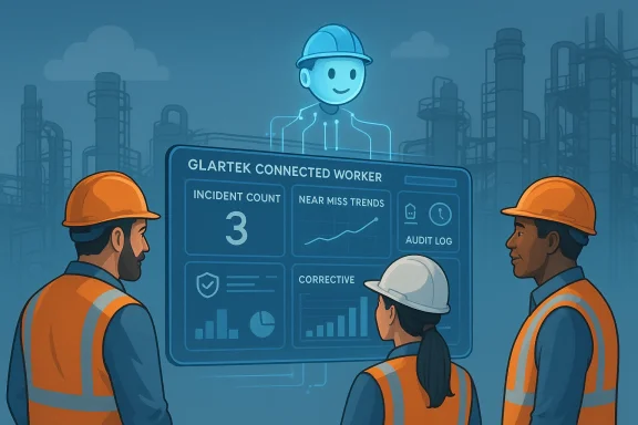 Three workers in orange safety vests review a holographic dashboard of safety metrics.