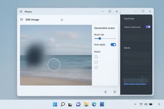 Windows-style photo editor UI showing a beach image with a blurred spot being generatively erased.