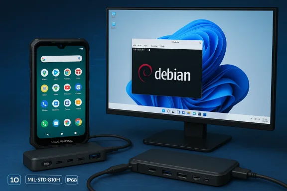 Rugged NexPhone connected to a multi-port USB-C hub beside a Debian desktop on a monitor.
